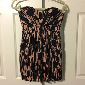 Pink and navy strapless print dress